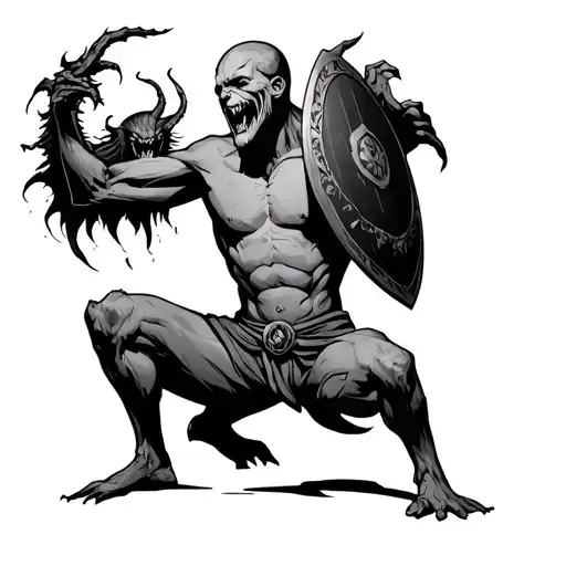 Stick Man Figure Kneeling With Shield Blocking Out A Demon
