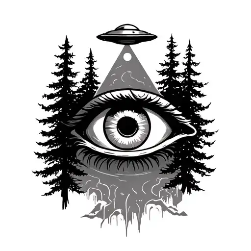 Illuminati Eye Surrounded By Trees And A Ufo Abducting Bigfoot