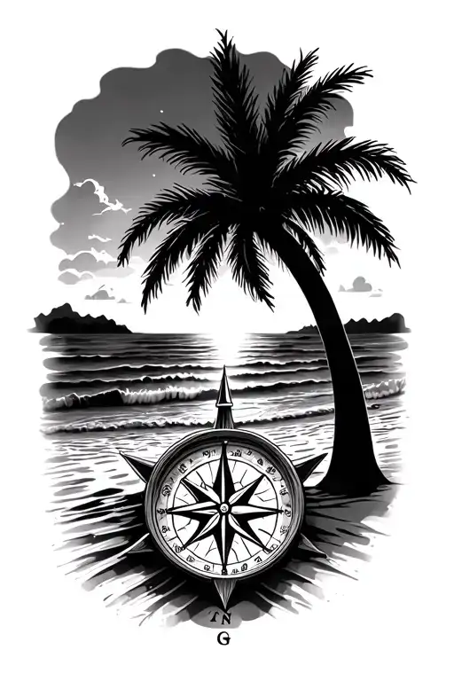 Beach Sunset With Palm And Nautical Compass