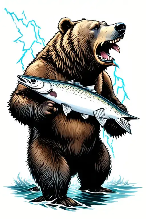 Grizzly Eating Salmon With Lightning Backgeound