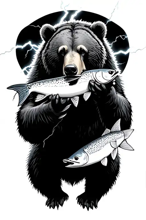 Grizzly Eating Salmon With Lightning Backgeound