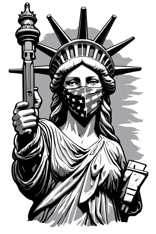 Statue Of Liberty Wearing A American Flag Face Mask And Holding A Rifle Instead Of Her Torch