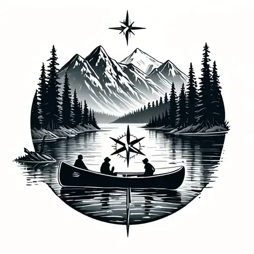 Canadian Mountains With A Canoe In A River Two Compass To Resemble My Kids