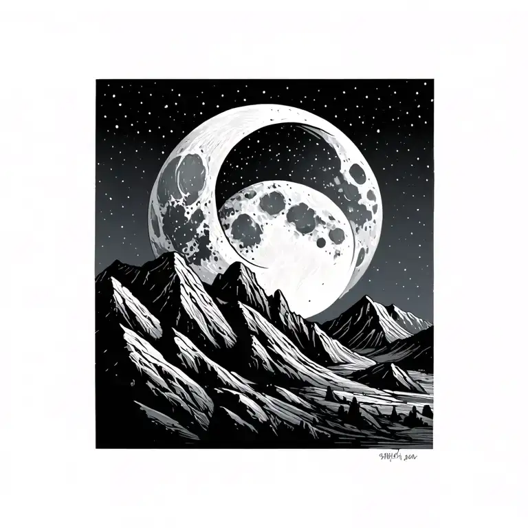 Waxing Gibbous Moon Phase With Rocky Mountains Fine Line Minimalist