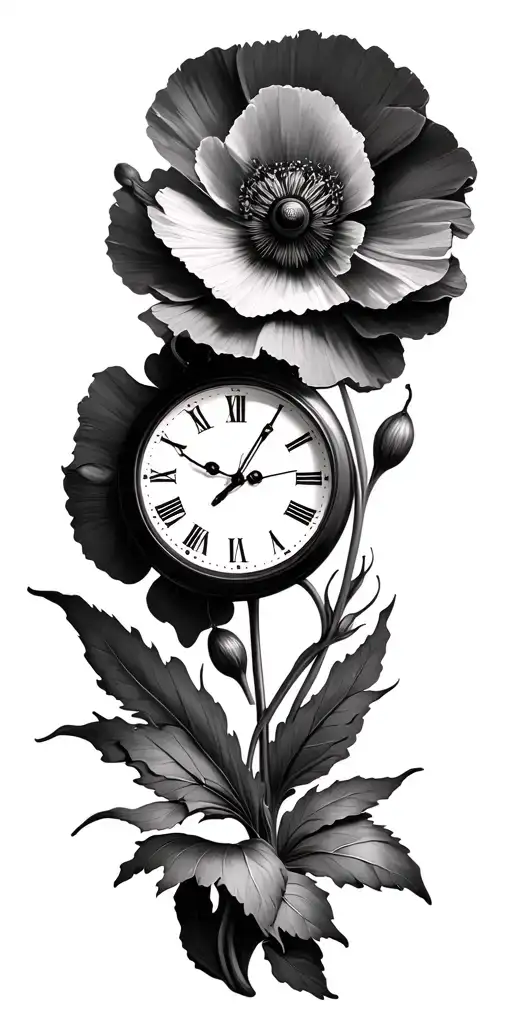 Clock And Poppy Blooming