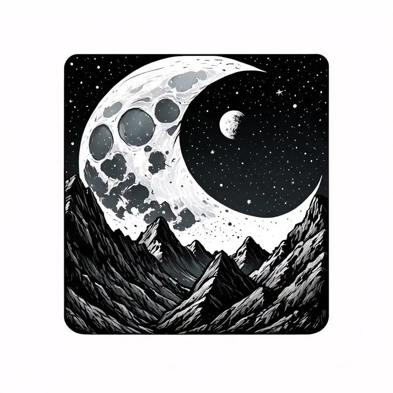 Waxing Gibbous Moon With Mountains - Fine Line Minimalist