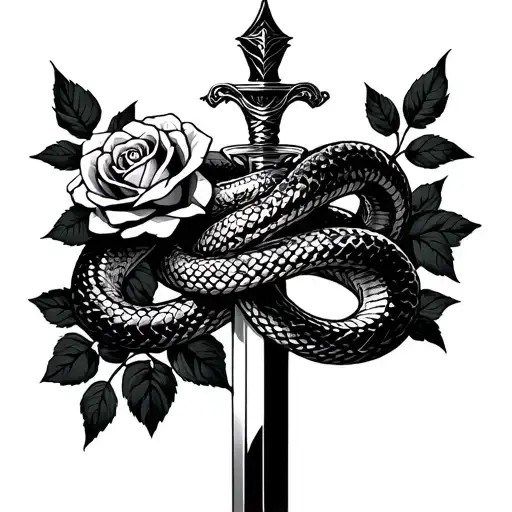 Snake Wrapped Around Dagger With Roses Intertwined And Blooming