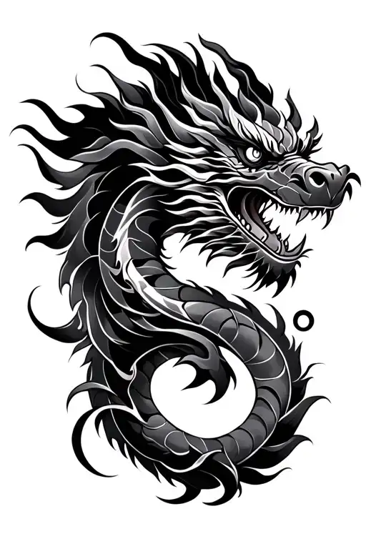 Tibetan Dragon Narrow Vertical Tattoo With Abstract Lines And Moin Phases