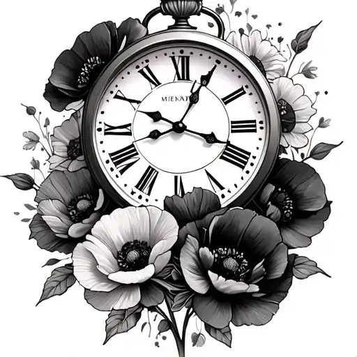 Clock And Poppy Flowers Intertwined