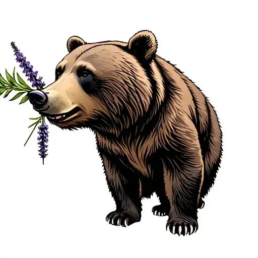 The Forward View Of A Wise Brown Bear With A Lavendar Sprig In Its Mouth