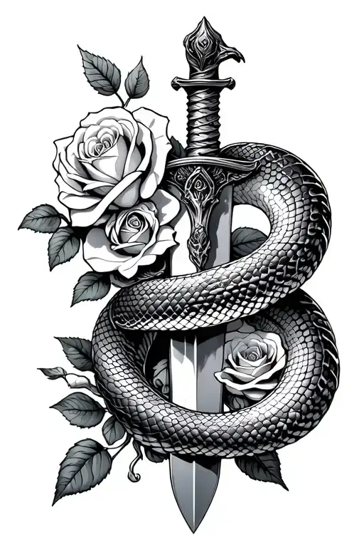 Snake Wrapped Around Whole Dagger With Roses Intertwined And Blooming