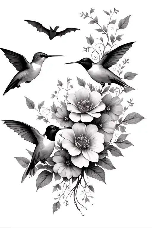 Flowers With Hummingbirds And Bats Flying
