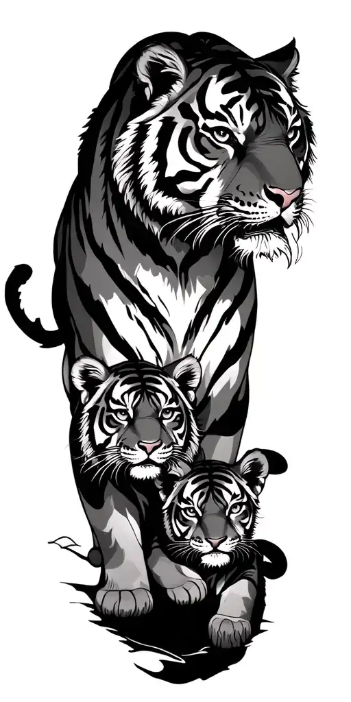 Japanese Style Tiger Protecting Its Cubs With Traditional Background