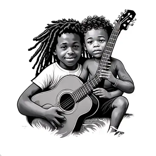 Teen Boy With Dreads And Baby Boy With Curls Both With Guitar