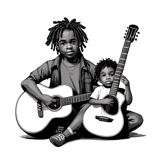 Teen Boy With Dreads And Baby Boy With Curls Both With Own Guitar