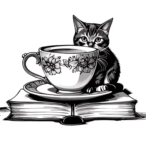 Tea Cup Sitting On A Book With A Cat