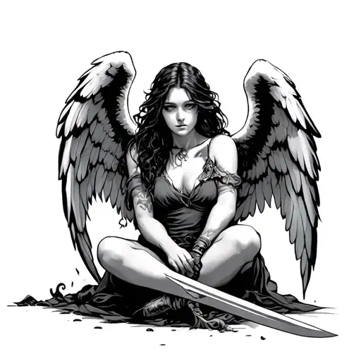 Fallen Angel Sitting Down Looking Tired With A Sword In Her Hand