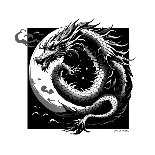 A Japanese Dragon Winding On The Moon