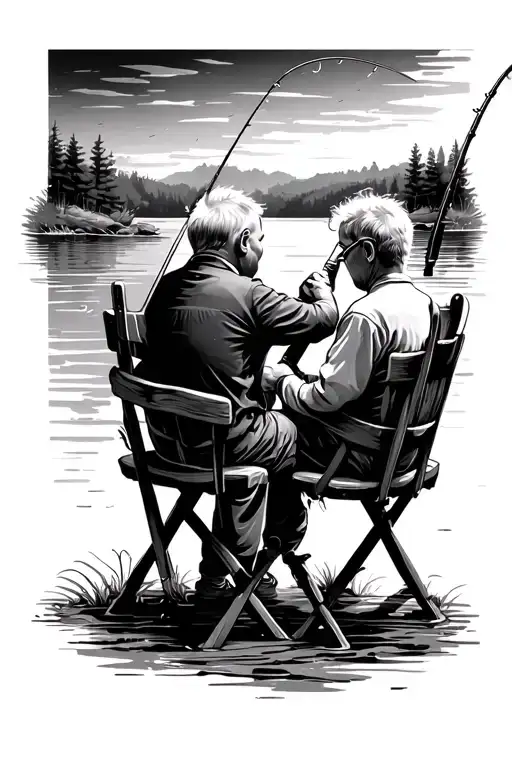 Kid And Grandpa Sitting In Chairs Fishing From Back Angle