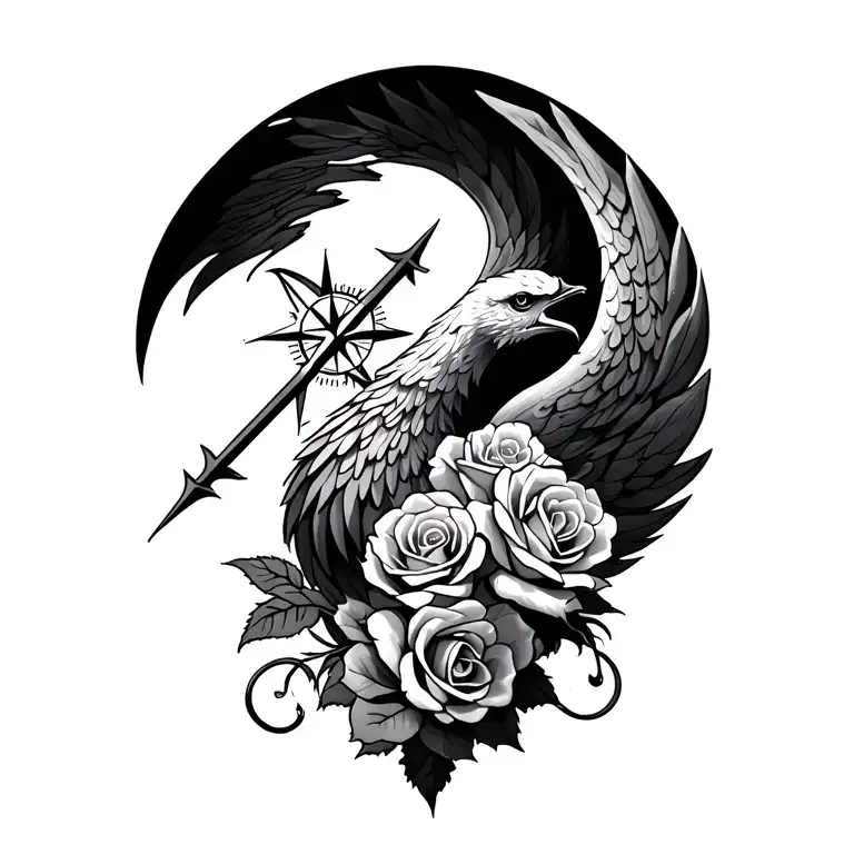 Phoenix And Compass With Roses Wrapped