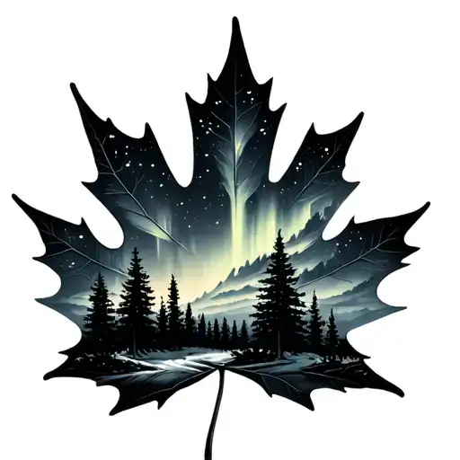 An Outline Of A Maple Leaf Woth A Scene Of Pine Trees And Northern Lights Inside It