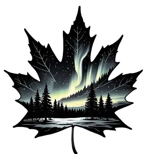 An Outline Of A Maple Leaf Woth A Scene Of Pine Trees And Northern Lights Inside It