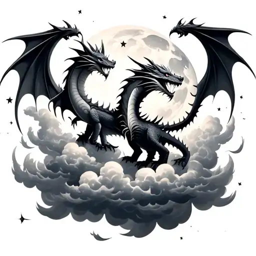 Two Dragons In The Moonlight With Clouds And Stars