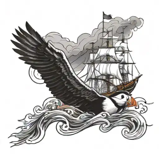 Puffin And Old Scandinavian Ship Sailing Through Stormy