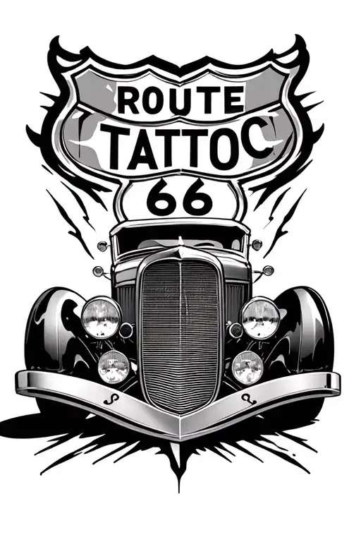 V8 In The Middle Of The Piece With Pinstriping Around It And At The Bottom There's A Route 66 Sign