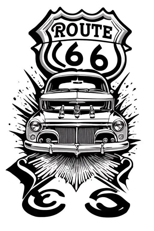 V8 In The Middle Of The Piece With Pinstriping Around It And At The Bottom There's A Route 66 Sign