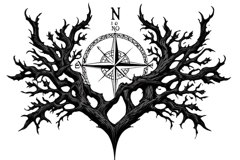 Throat Tattoo Of The Tree Of Life And Compass Intertwined Together