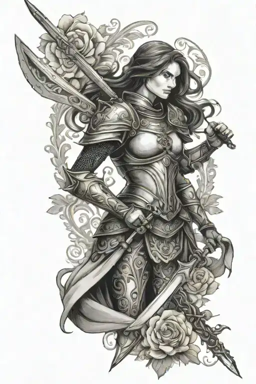 Female Knight Holding A Sword With Floral Patterns