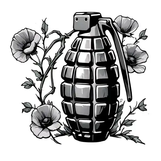 Grenade With Tab Pulled With Vines And Poppies Growing Around It