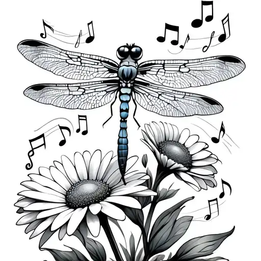 A Peaceful Scene Of A Dragonfly Resting On A Daisy With Musical Notes Floating Around It