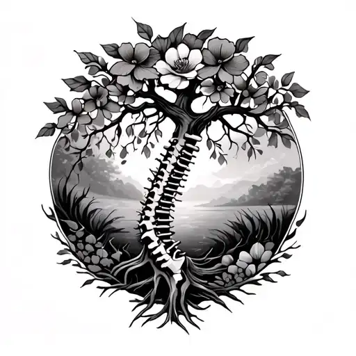 Spine Tattoo With Willow Tree And Flowers