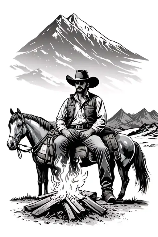 Cowboy Sitting By A Camp Fire With A Horse And Western Night With A Mountain Range