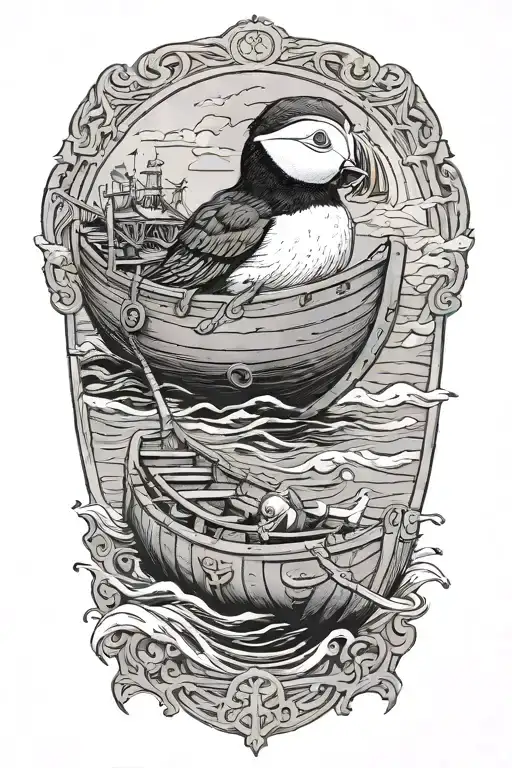 Male Puffin On A With An Old Scandinavian Viking Long Boat