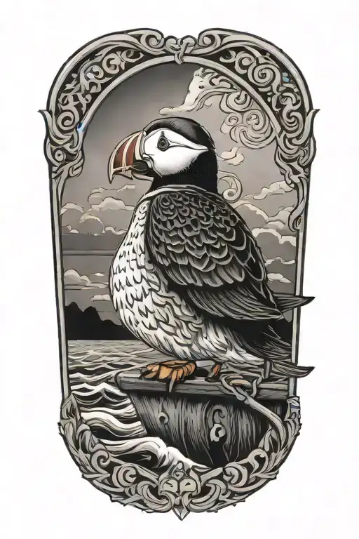 Male Puffin On A With An Old Scandinavian Viking Ship At Sea