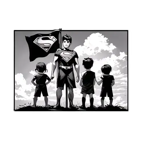Anime Style Tattoo Of Kids Standing Flagpole With Superman Flag