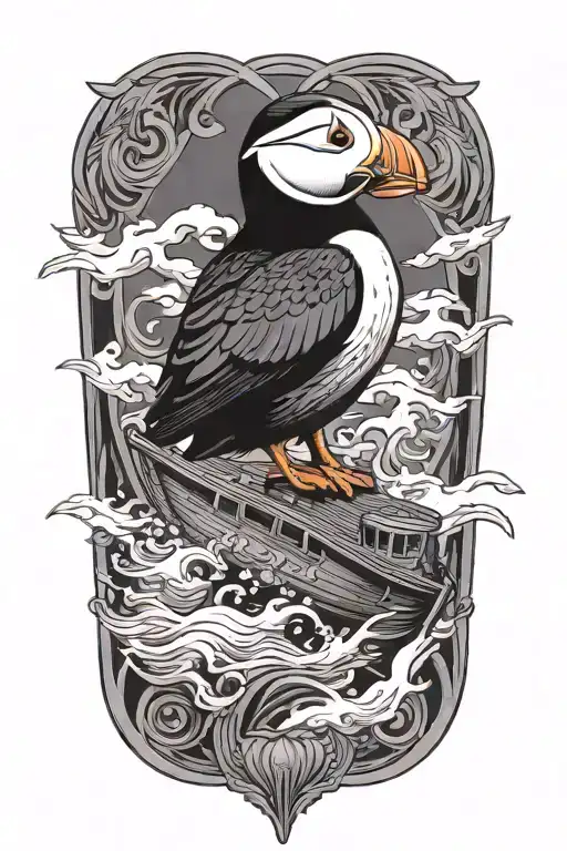 Male Puffin On A With An Old Scandinavian Viking Ship At Sea