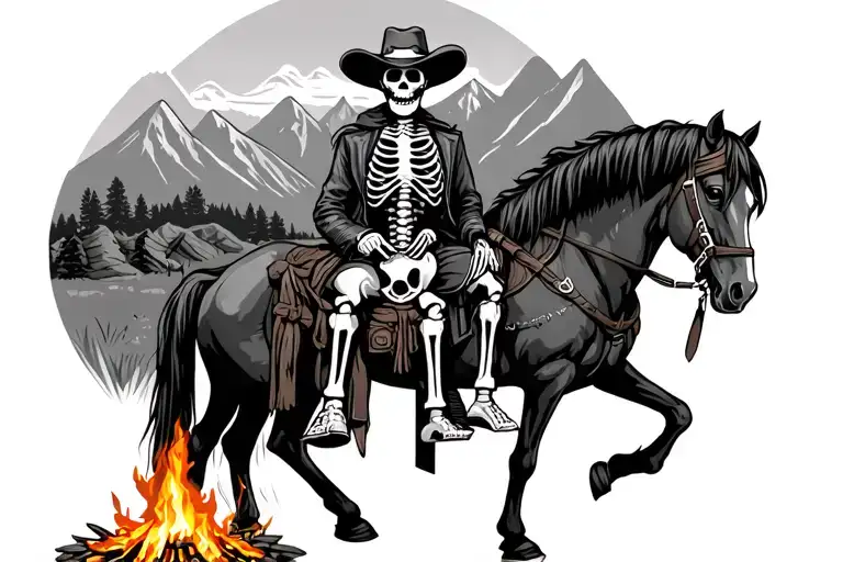 Skeleton Cowboy And His Horse Sitting By A Fire In The Mountains