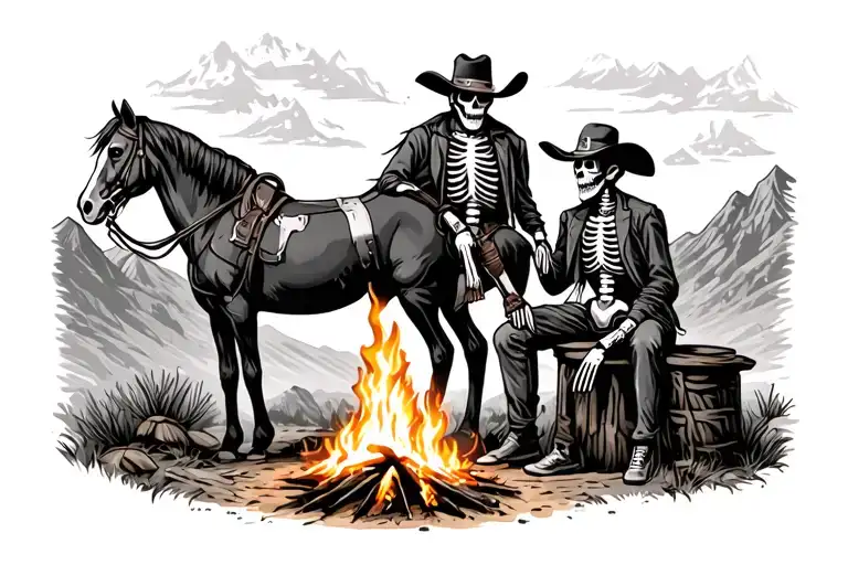 Old Western Skeleton Cowboy And His Horse Sitting By A Fire In The Mountains