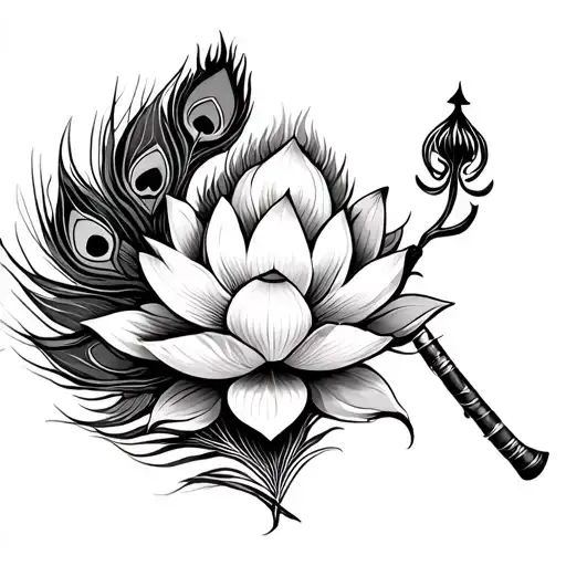 A Trishul With Flute Lotus And Peacock Feather