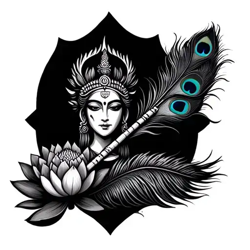 A Trishula With Flute Lotus And Peacock Feather