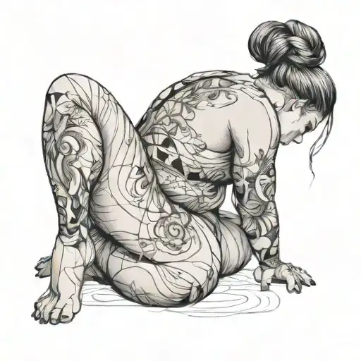 Curvy Line Drawn Woman On Her Knees With Messy Bun