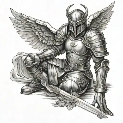 Warrior Angel In Battle Armor With Sword And Shield Kneeling With Head Down