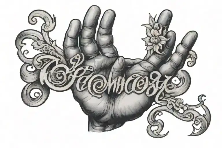 Tattoo On The Side Of The Hand In Cursive Colombian Script With Shading And Design