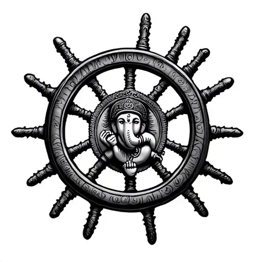 Ship Wheel With 8 Ganesha On Each Branch Representing Astvinayak