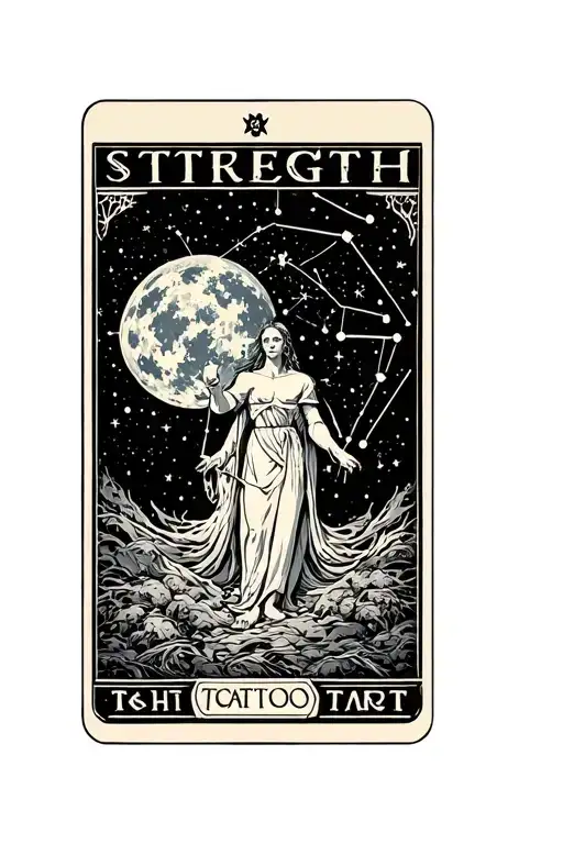 Strength Tarot Card Design Featuring Orion Constellation Surrounded By Orion Illustration