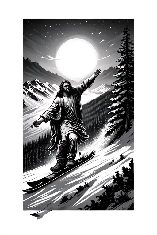 Jesus Riding Down A Mountain On Skis